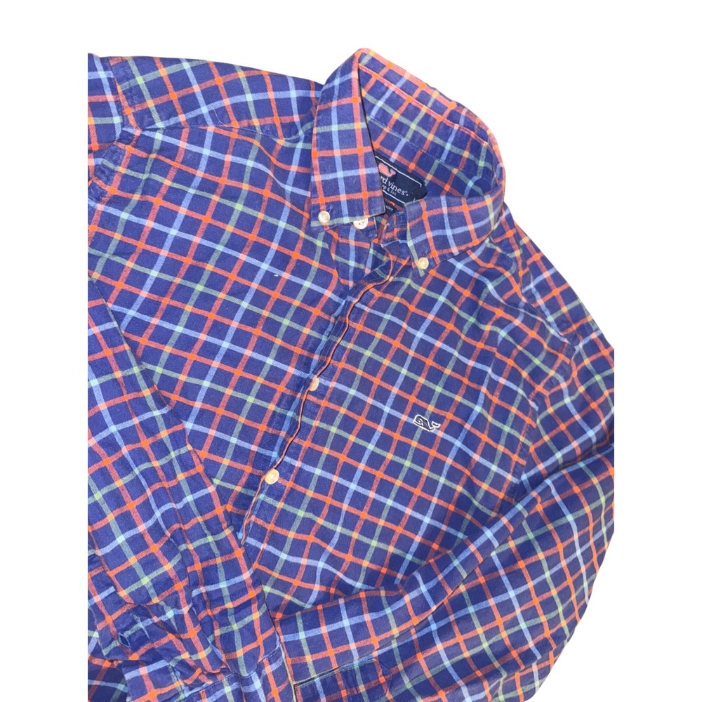 Vineyard Vines Slim Fit Whale Shirt Men's Medium Blue Orange Plaid‎ Cotton